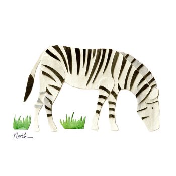 A zebra print, showing the animal grazing amongst the grass.